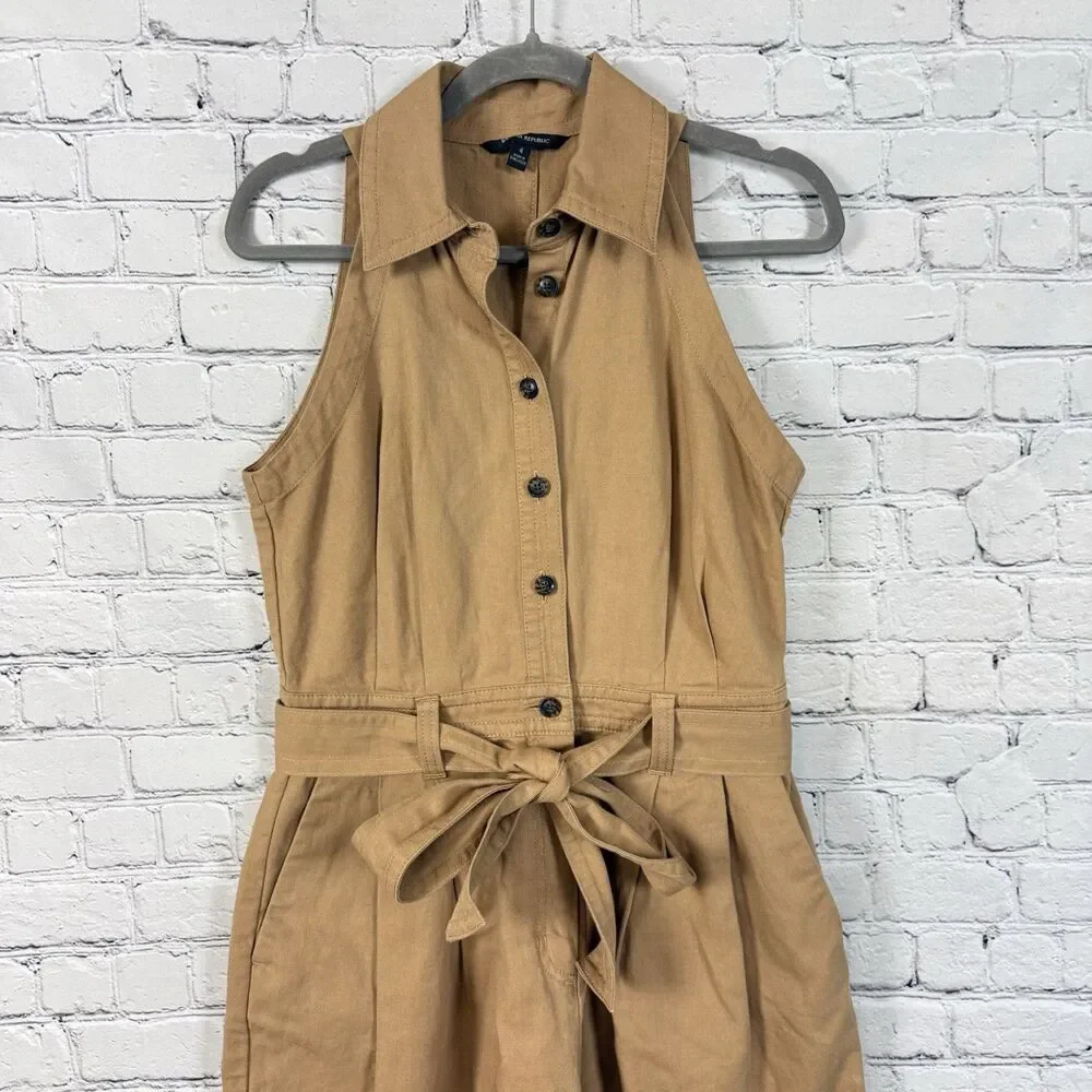 Banana Republic Safari Camp Romper Tan Linen Cotton Belted Women 4 Granola Girl